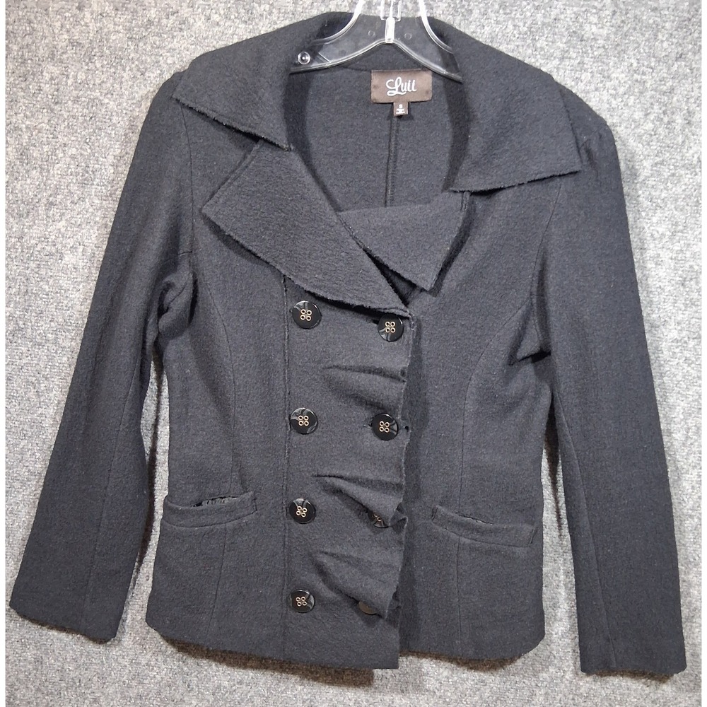 Luii Womens Black 100% Wool Ruffle Double‎ Breasted Blazer Jacket Size S Small